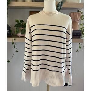 Zara Striped Knit Sweater Cream Black Relaxed Pullover Womens Small Preppy Chic
